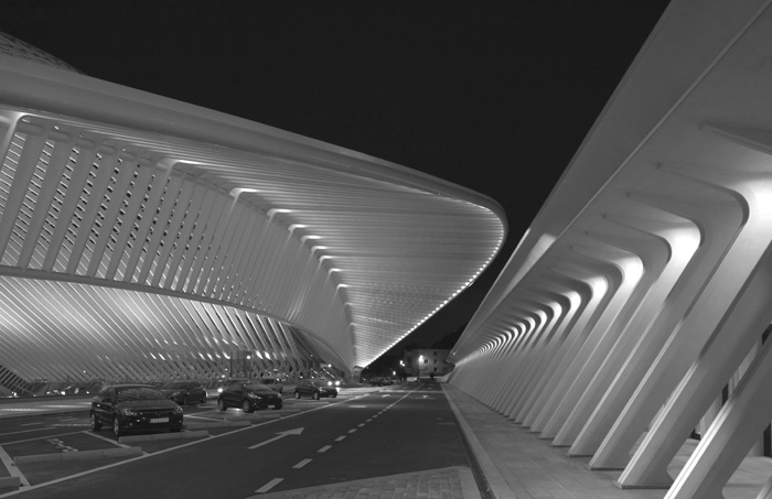 Liège-Guillemins TGV-Bahnhof (Calatrava 2009) West-Eingang + Stützpfeiler abends
